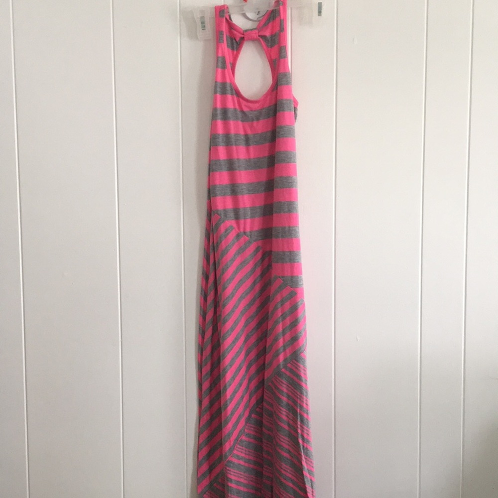 Pink and gray striped maxi dress